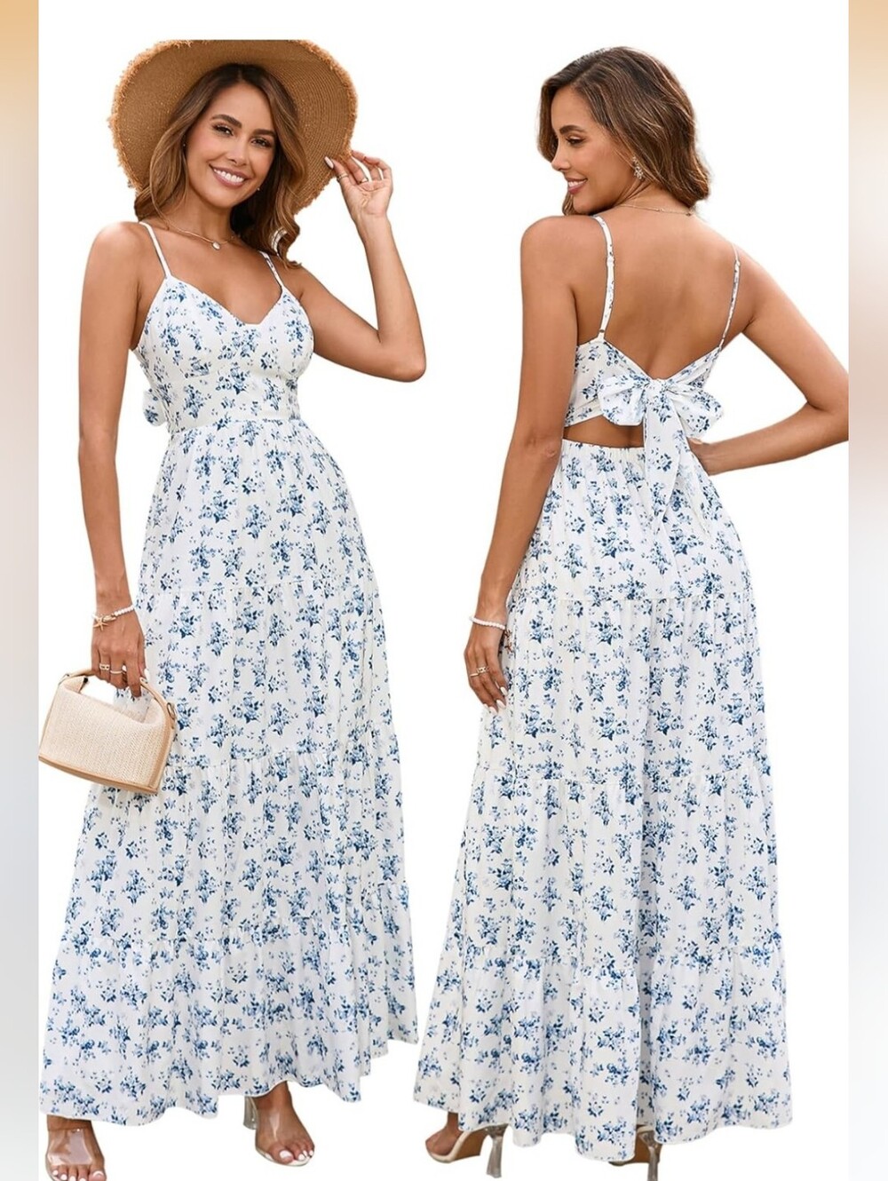 Floral Tie-Back Maxi Dress - White & Blue